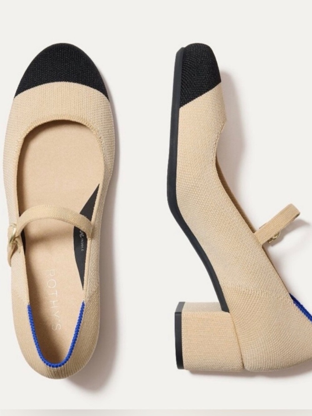 NWOB ROTHYS MARY JANE BLOCK HEEL CAP TOE CREAM BLACK 7.5